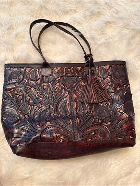 Hand-Tooled Leather Floral Tote in Dark Brown with Tassel